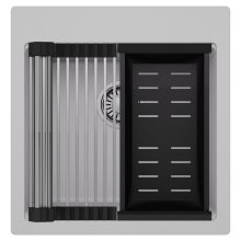 HD Infinity Grey 48 egymedencés gránit mosogatótálca szett, acél csepegtetőráccsal és matt fekete kosárral, alpesi szürke színben, szálcsiszolt króm leeresztő szifonnal