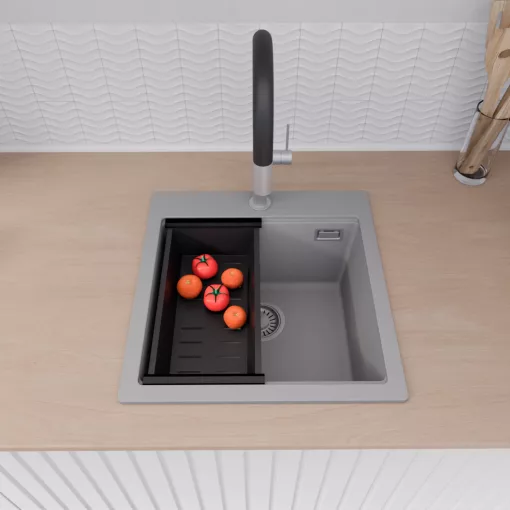 HD Infinity Grey 48 egymedencés gránit mosogatótálca szett, vágódeszkával, acél csepegtetőráccsal és matt fekete kosárral, alpesi szürke színben, szálcsiszolt króm leeresztő szifonnal