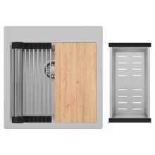 HD Infinity Grey 48 egymedencés gránit mosogatótálca szett, vágódeszkával, acél csepegtetőráccsal és kosárral, alpesi szürke színben, szálcsiszolt króm leeresztő szifonnal