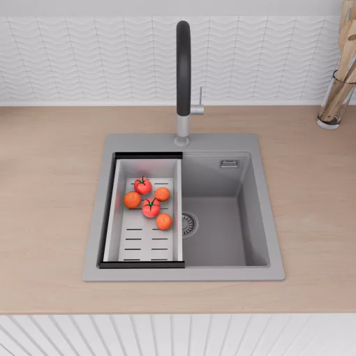 HD Infinity Grey 48 egymedencés gránit mosogatótálca szett, vágódeszkával, acél csepegtetőráccsal és kosárral, alpesi szürke színben, szálcsiszolt króm leeresztő szifonnal