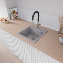 HD Infinity Grey 48 egymedencés gránit mosogatótálca, vágódeszkával, alpesi szürke színben, szálcsiszolt króm leeresztő szifonnal