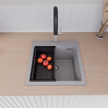 HD Infinity Grey 48 egymedencés gránit mosogatótálca szett, matt fekete csepegtetőkosárral, alpesi szürke színben, szálcsiszolt króm leeresztő szifonnal