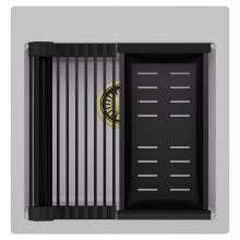 HD Infinity Grey 48 egymedencés gránit mosogatótálca szett, matt fekete csepegtetőráccsal és kosárral, alpesi szürke színben, szálcsiszolt arany leeresztő szifonnal