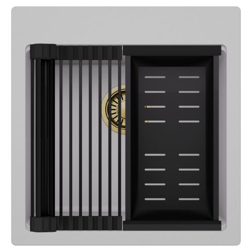 HD Infinity Grey 48 egymedencés gránit mosogatótálca szett, matt fekete csepegtetőráccsal és kosárral, alpesi szürke színben, szálcsiszolt arany leeresztő szifonnal