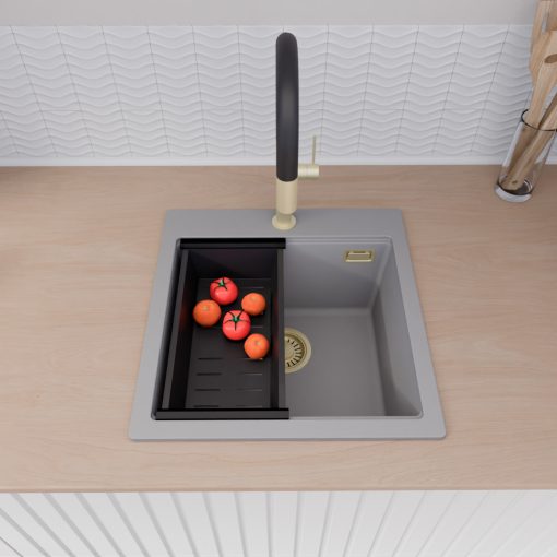 HD Infinity Grey 48 egymedencés gránit mosogatótálca szett, matt fekete csepegtetőráccsal és kosárral, alpesi szürke színben, szálcsiszolt arany leeresztő szifonnal