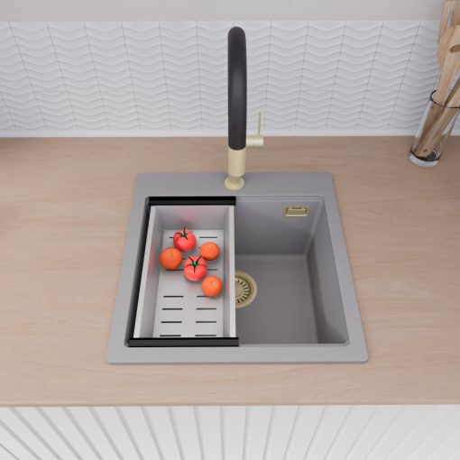 HD Infinity Grey 48 egymedencés gránit mosogatótálca szett, matt fekete csepegtetőráccsal és krómozott kosárral, alpesi szürke színben, szálcsiszolt arany leeresztő szifonnal