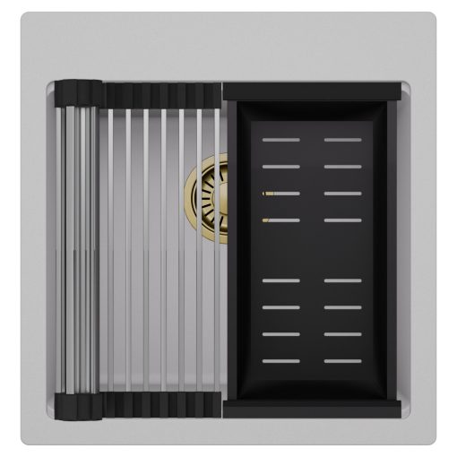 HD Infinity Grey 48 egymedencés gránit mosogatótálca szett, acél csepegtetőráccsal és matt fekete kosárral, alpesi szürke színben, szálcsiszolt arany leeresztő szifonnal