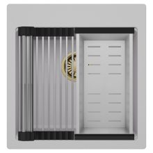 HD Infinity Grey 48 egymedencés gránit mosogatótálca szett, acél csepegtetőráccsal és kosárral, alpesi szürke színben, szálcsiszolt arany leeresztő szifonnal