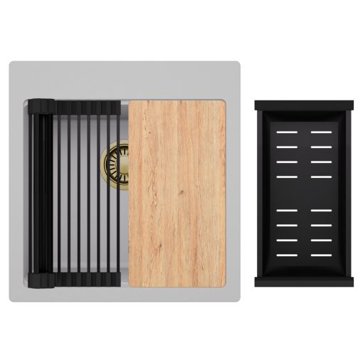 HD Infinity Grey 48 egymedencés gránit mosogatótálca szett, vágódeszkával, matt fekete csepegtetőráccsal és kosárral, alpesi szürke színben, szálcsiszolt arany leeresztő szifonnal