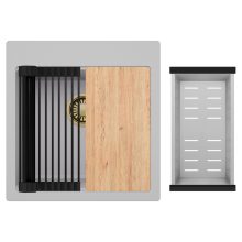 HD Infinity Grey 48 egymedencés gránit mosogatótálca szett, vágódeszkával, matt fekete csepegtetőráccsal és krómozott kosárral, alpesi szürke színben, szálcsiszolt arany leeresztő szifonnal