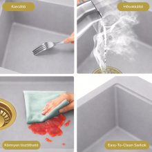 HD Infinity Grey 48 egymedencés gránit mosogatótálca szett, vágódeszkával, matt fekete csepegtetőráccsal és krómozott kosárral, alpesi szürke színben, szálcsiszolt arany leeresztő szifonnal