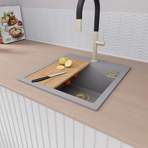 HD Infinity Grey 48 egymedencés gránit mosogatótálca szett, vágódeszkával, matt fekete csepegtetőráccsal, alpesi szürke színben, szálcsiszolt arany leeresztő szifonnal