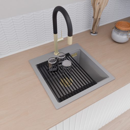 HD Infinity Grey 48 egymedencés gránit mosogatótálca szett, vágódeszkával, matt fekete csepegtetőráccsal, alpesi szürke színben, szálcsiszolt arany leeresztő szifonnal