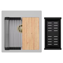 HD Infinity Grey 48 egymedencés gránit mosogatótálca szett, vágódeszkával, acél csepegtetőráccsal és matt fekete kosárral, alpesi szürke színben, szálcsiszolt arany leeresztő szifonnal