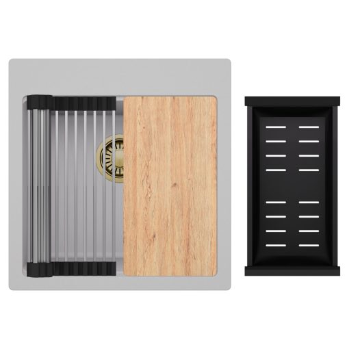 HD Infinity Grey 48 egymedencés gránit mosogatótálca szett, vágódeszkával, acél csepegtetőráccsal és matt fekete kosárral, alpesi szürke színben, szálcsiszolt arany leeresztő szifonnal