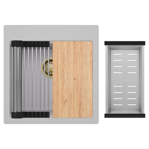 HD Infinity Grey 48 egymedencés gránit mosogatótálca szett, vágódeszkával, acél csepegtetőráccsal és kosárral, alpesi szürke színben, szálcsiszolt arany leeresztő szifonnal