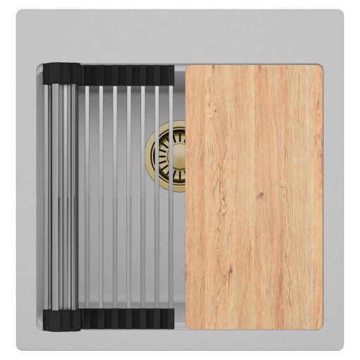 HD Infinity Grey 48 egymedencés gránit mosogatótálca szett, vágódeszkával, acél csepegtetőráccsal, alpesi szürke színben, szálcsiszolt arany leeresztő szifonnal