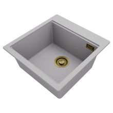 HD Infinity Grey 48 egymedencés gránit mosogatótálca, vágódeszkával, alpesi szürke színben, szálcsiszolt arany leeresztő szifonnal