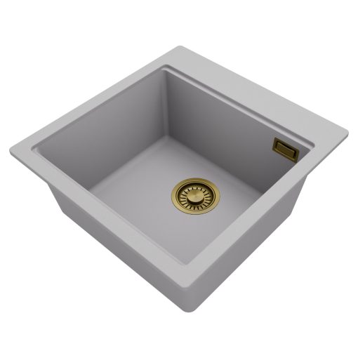 HD Infinity Grey 48 egymedencés gránit mosogatótálca, vágódeszkával, alpesi szürke színben, szálcsiszolt arany leeresztő szifonnal