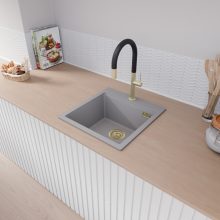 HD Infinity Grey 48 egymedencés gránit mosogatótálca, vágódeszkával, alpesi szürke színben, szálcsiszolt arany leeresztő szifonnal