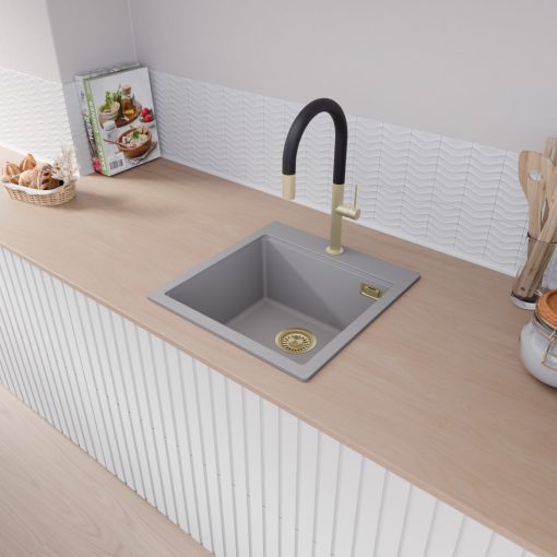 HD Infinity Grey 48 egymedencés gránit mosogatótálca, vágódeszkával, alpesi szürke színben, szálcsiszolt arany leeresztő szifonnal