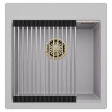 HD Infinity Grey 48 egymedencés gránit mosogatótálca szett, acél csepegtetőráccsal, alpesi szürke színben, szálcsiszolt arany leeresztő szifonnal