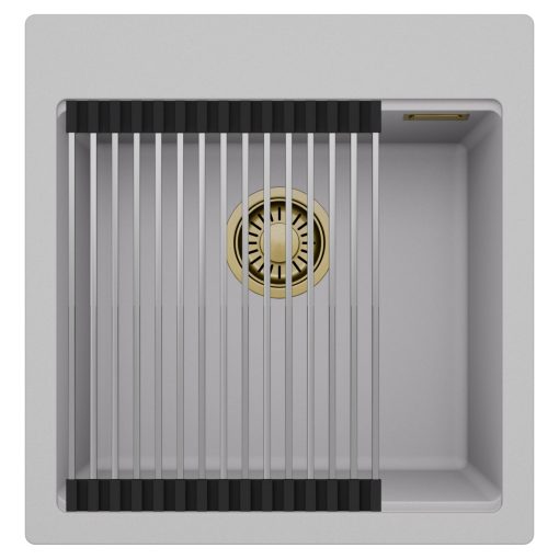 HD Infinity Grey 48 egymedencés gránit mosogatótálca szett, acél csepegtetőráccsal, alpesi szürke színben, szálcsiszolt arany leeresztő szifonnal