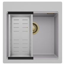 HD Infinity Grey 48 egymedencés gránit mosogatótálca szett, acél csepegtetőkosárral, alpesi szürke színben, szálcsiszolt arany leeresztő szifonnal