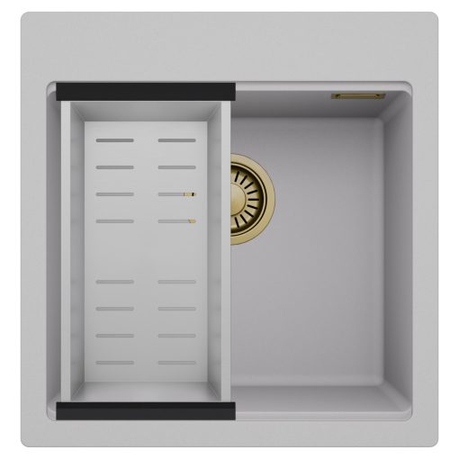 HD Infinity Grey 48 egymedencés gránit mosogatótálca szett, acél csepegtetőkosárral, alpesi szürke színben, szálcsiszolt arany leeresztő szifonnal