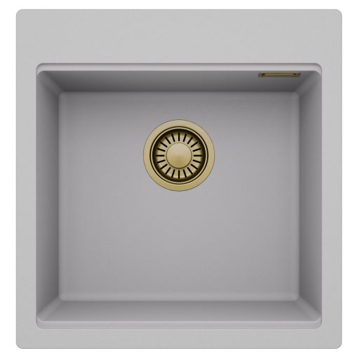 HD Infinity Grey 48 egymedencés gránit mosogatótálca, alpesi szürke színben, szálcsiszolt arany leeresztő szifonnal