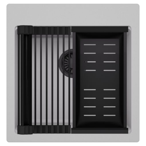 HD Infinity Grey 48 egymedencés gránit mosogatótálca szett, matt fekete csepegtetőráccsal és kosárral, alpesi szürke színben, matt fekete leeresztő szifonnal