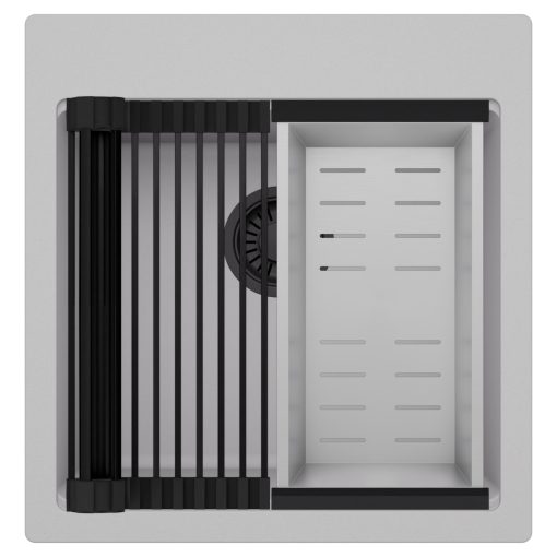 HD Infinity Grey 48 egymedencés gránit mosogatótálca szett, matt fekete csepegtetőráccsal és krómozott kosárral, alpesi szürke színben, matt fekete leeresztő szifonnal