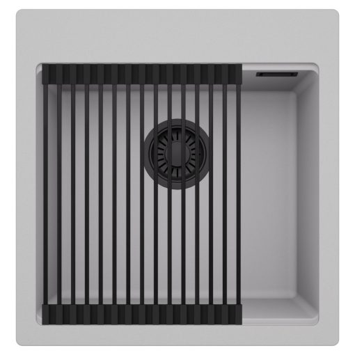 HD Infinity Grey 48 egymedencés gránit mosogatótálca szett, matt fekete csepegtetőráccsal, alpesi szürke színben, matt fekete leeresztő szifonnal