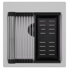 HD Infinity Grey 48 egymedencés gránit mosogatótálca szett, acél csepegtetőráccsal és matt fekete kosárral, alpesi szürke színben, matt fekete leeresztő szifonnal