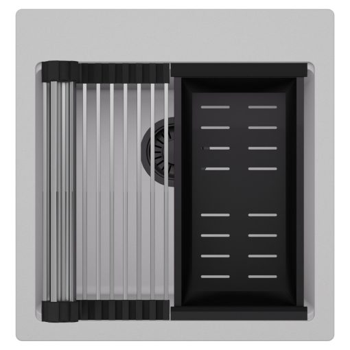 HD Infinity Grey 48 egymedencés gránit mosogatótálca szett, acél csepegtetőráccsal és matt fekete kosárral, alpesi szürke színben, matt fekete leeresztő szifonnal