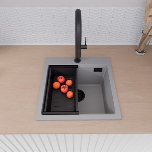 HD Infinity Grey 48 egymedencés gránit mosogatótálca szett, acél csepegtetőráccsal és matt fekete kosárral, alpesi szürke színben, matt fekete leeresztő szifonnal