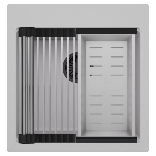 HD Infinity Grey 48 egymedencés gránit mosogatótálca szett, acél csepegtetőráccsal és kosárral, alpesi szürke színben, matt fekete leeresztő szifonnal