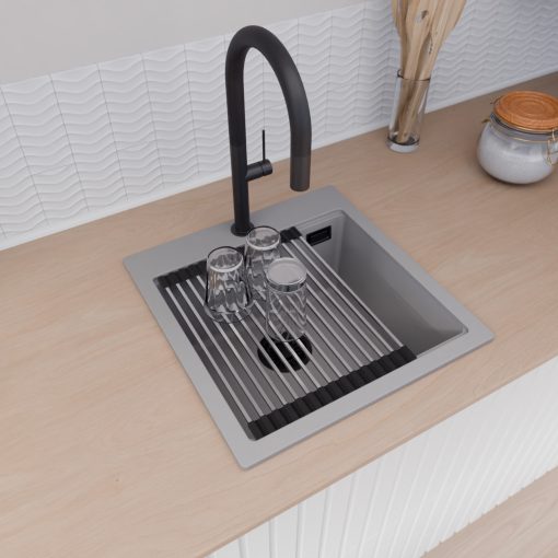 HD Infinity Grey 48 egymedencés gránit mosogatótálca szett, acél csepegtetőráccsal és kosárral, alpesi szürke színben, matt fekete leeresztő szifonnal