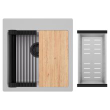 HD Infinity Grey 48 egymedencés gránit mosogatótálca szett, vágódeszkával, matt fekete csepegtetőráccsal és krómozott kosárral, alpesi szürke színben, matt fekete leeresztő szifonnal