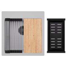 HD Infinity Grey 48 egymedencés gránit mosogatótálca szett, vágódeszkával, acél csepegtetőráccsal és matt fekete kosárral, alpesi szürke színben, matt fekete leeresztő szifonnal