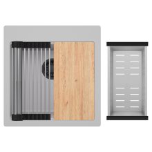 HD Infinity Grey 48 egymedencés gránit mosogatótálca szett, vágódeszkával, acél csepegtetőráccsal és kosárral, alpesi szürke színben, matt fekete leeresztő szifonnal