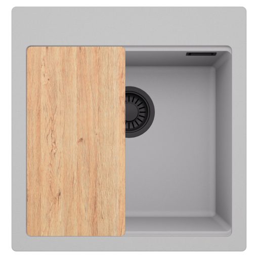 HD Infinity Grey 48 egymedencés gránit mosogatótálca, vágódeszkával, alpesi szürke színben, matt fekete leeresztő szifonnal