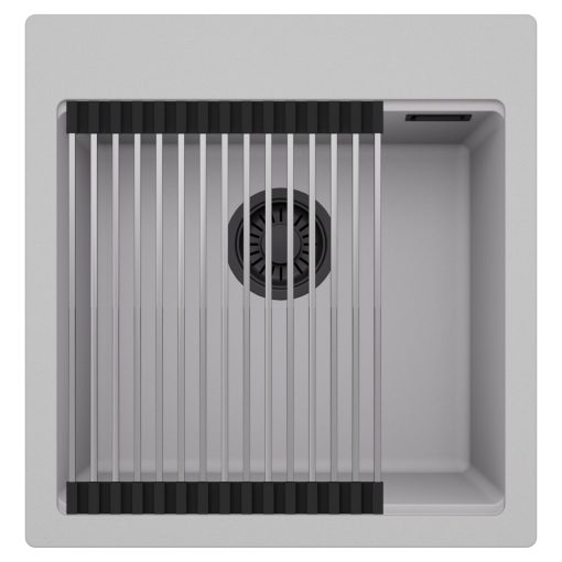 HD Infinity Grey 48 egymedencés gránit mosogatótálca szett, acél csepegtetőráccsal, alpesi szürke színben, matt fekete leeresztő szifonnal