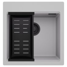 HD Infinity Grey 48 egymedencés gránit mosogatótálca szett, matt fekete csepegtetőkosárral, alpesi szürke színben, matt fekete leeresztő szifonnal