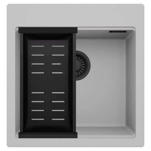 HD Infinity Grey 48 egymedencés gránit mosogatótálca szett, matt fekete csepegtetőkosárral, alpesi szürke színben, matt fekete leeresztő szifonnal