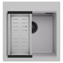 HD Infinity Grey 48 egymedencés gránit mosogatótálca szett, acél csepegtetőkosárral, alpesi szürke színben, matt fekete leeresztő szifonnal