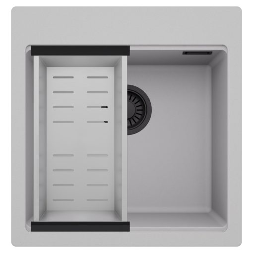 HD Infinity Grey 48 egymedencés gránit mosogatótálca szett, acél csepegtetőkosárral, alpesi szürke színben, matt fekete leeresztő szifonnal