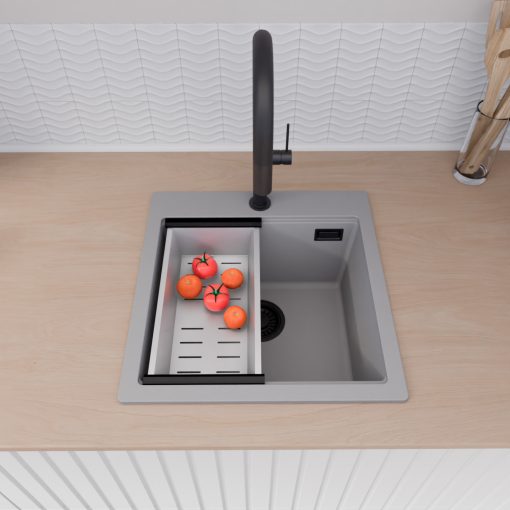 HD Infinity Grey 48 egymedencés gránit mosogatótálca szett, acél csepegtetőkosárral, alpesi szürke színben, matt fekete leeresztő szifonnal