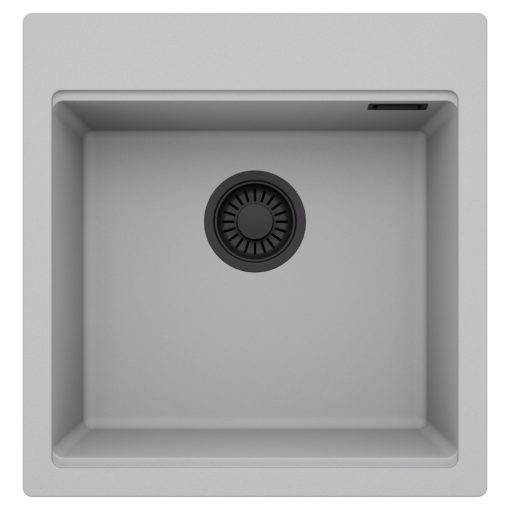 HD Infinity Grey 48 egymedencés gránit mosogatótálca, alpesi szürke színben, matt fekete leeresztő szifonnal