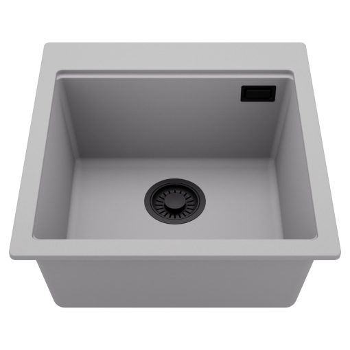 HD Infinity Grey 48 egymedencés gránit mosogatótálca, alpesi szürke színben, matt fekete leeresztő szifonnal